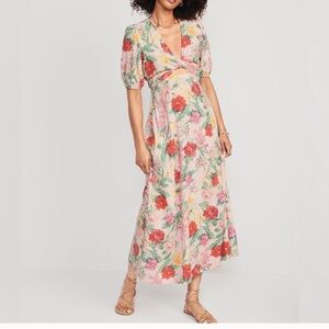 OLD NAVY Fit & Flare Linen-Blend Maxi Dress Floral Boho Coastal Small pink green